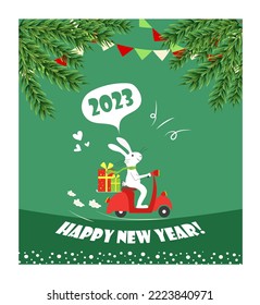 Christmas and New Year background. Xmas pine fir lush tree. Rabbit, bear, deer,chistmas ball, gifts box. Bright Winter holiday composition. Greeting card, banner, poster. Vector illustration.