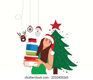 Christmas and New Year background. Xmas pine fir lush tree.  Girl holding Christmas gifts