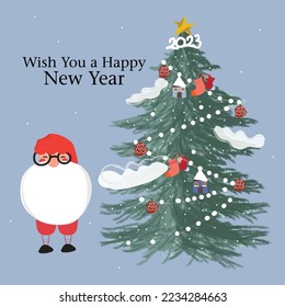 Christmas and New Year background. Xmas pine fir lush tree. Candy cane from cookies, golden gifts box. Glass Balls hanging on ribbon. Bright Winter holiday composition. Greeting card, banner, poster
