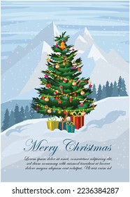 Christmas and New Year background. Xmas pine fir lush tree gifts boxes, Glass Balls hanging on ribbon. Bright Winter holiday composition. Greeting card, banner, poster. Christmas greetings