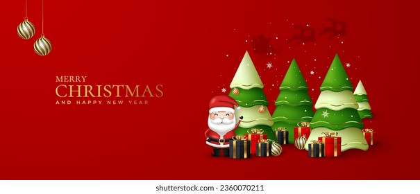 Christmas and New Year background. Xmas tree. golden gifts box. Santa Claus and snowman. Bright Winter holiday composition. Greeting card, banner, poster