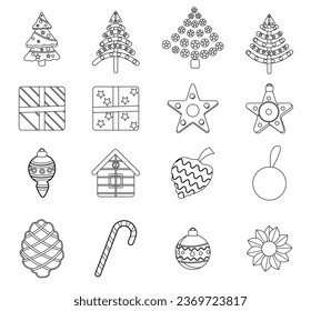 Christmas and New Year background. Xmas pine fir lush tree. Candy cane from cookies, golden gifts box. Glass Balls hanging on the ribbon. Bright Winter holiday composition. Greeting cards, banners, 