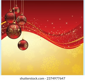 Christmas and New Year background. Xmas pine fir lush tree. Candy cane from cookies, golden gifts box. Glass Balls hanging on ribbon. Bright Winter holiday composition. Greeting card, banner, poster