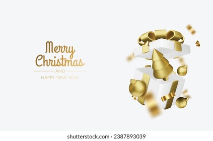 Christmas and New Year background. Xmas background with Christmas tree, gifts, balls, snowflakes. Greeting card, banner, poster