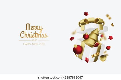 Christmas and New Year background. Xmas background with Christmas tree, gifts, balls, snowflakes. Greeting card, banner, poster