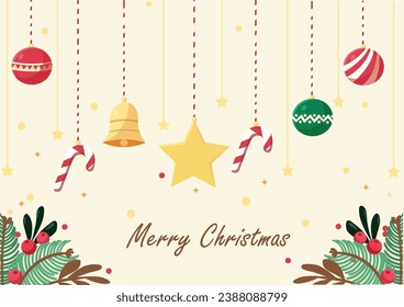 Christmas and new year background. Xmas pine lush tree. Candy cane form cookies, golden gifts box. Banner, Greeting card.