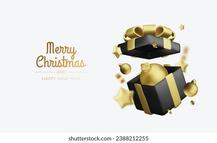 Christmas and New Year background. Xmas background with Christmas tree, gifts, balls, snowflakes. Greeting card, banner, poster