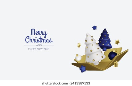 Christmas and New Year background. Xmas background with 3d Christmas tree, gifts, balls, snowflakes. Greeting card, banner, poster