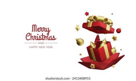 Christmas and New Year background. Xmas background with 3d Christmas tree, gifts, balls, snowflakes. Greeting card, banner, poster