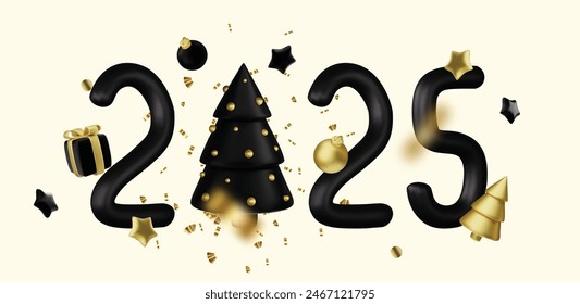 Christmas and New Year background. Xmas background with 3d Christmas tree, gifts, balls, snowflakes. Greeting card, banner, poster