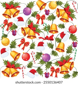 Christmas and New Year background. Xmas pine fir lush tree. Candy cane from cookies,  gifts box. Balls hanging on ribbon. Bright Winter holiday composition. Greeting card, banner, poster
