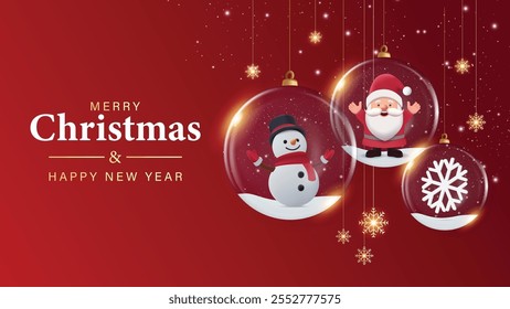 Christmas and New Year background. Xmas Glass Balls hanging on ribbon inside with snowman, Santa and snowflakes. red holiday composition. Vector illustration