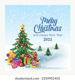 Christmas and New Year background. Xmas tree made by golden stars, snowflakes and baubles on brown background for Merry Christmas and Happy New Year celebration.