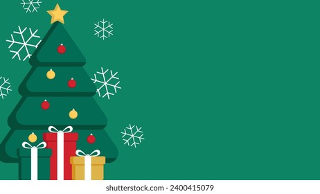 Christmas and New Year background.Green Christmas tree with star and box of gifts strewn with snow.Greeting card, banner, poster.Vector illustration.