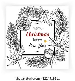 Christmas and New Year backgrounds and greeting card. with flower and leaf hand drawn illustration.