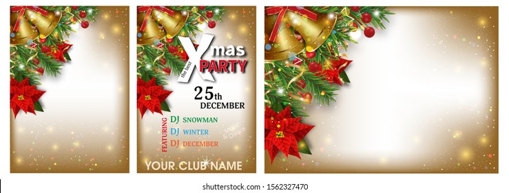 Christmas and New Year backgrounds set decorations with fir branches, golden bells, Christmas flowers poinsettia and holly berries. Xmas party invitations templates. Vector illustration.