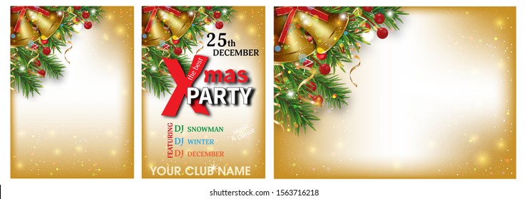 Christmas and New Year backgrounds set decorated Christmas tree branches, golden bells and holly berries. Xmas party invitations templates. Vector illustration.