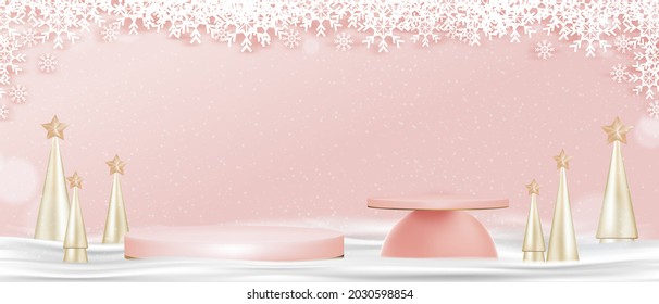 Christmas and New Year background.Studio room with 3D Cylinder Stand,conical Christmas tree,snowflakes paper cut.Vector banner backdrop of winter landscape  with Xmas element for holiday greeting card