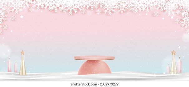 Christmas and New Year background.Studio room with Golden conical Christmas tree,Cylinder Stand, snowflakes.Vector banner backdrop of winter scenery with Xmas elements for holiday greeting card 2022