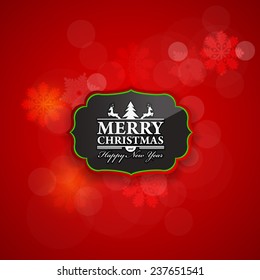 Christmas and New Year Badge, Announcement and Celebration Message on Bokeh Light Snowflakes fall Red Background