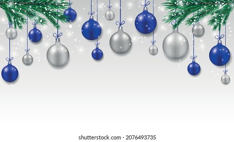 Christmas and New Year banner. Abstract Christmas balls with fir branches. Blue and silver balls