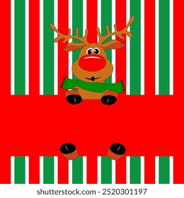 Christmas and New Year banner with amusing deer and place for greeting text on vertical green and red stripes. Cute colorful design on striped background for greeting, postcard, invitation. Vector.