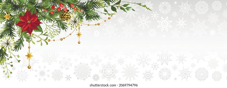 Christmas, New Year banner or background with corner decor. Festive background with fir branches, poinsettia flower, berries and cones. Vector illustration.