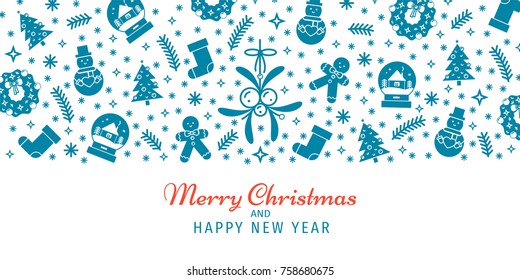 Christmas and New Year banner, background, header, wallpaper template. Winter illustration in outline design with snowman, snow ball, wreath, christmas tree and stocking silhouettes. 