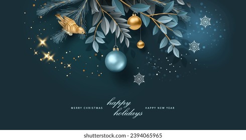 Christmas and New Year banner. A composition of Christmas decorations, golden twigs with leaves and christmas tree toy bird