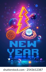 Christmas and New Year banner in computer tech style. Isometric christmas tree with decoration balls, fintech technology charts hanging in cyberspace. Digital technology business congratulations card