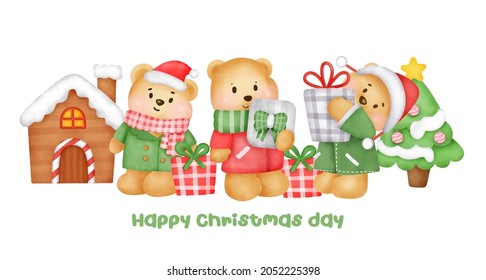 Christmas and new year banner with a cute bear character in watercolor style.