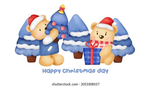 Christmas and new year banner with a cute bear character in watercolor style.