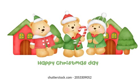 Christmas and new year banner with a cute bear character in watercolor style.