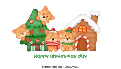 Christmas and new year banner with a cute corgi dogs and christmas tree in watercolor style.