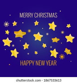 Christmas and New Year banner with decor. Gold volumetric stars and snowflakes on dark blue background, text. Vector illustration for posters, cards, sales, story.