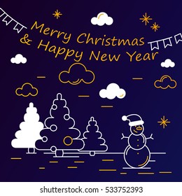 Christmas and New Year banner with decorations. Flat stroke art style vector illustration. Concept for winter, Christmas, New Year congratulation, sale, business card, sales flyer, header.