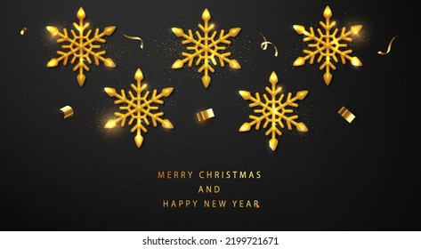 Christmas and New Year banner with decorative golden snowflakes.