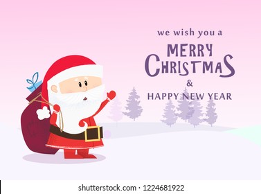 Christmas and New Year banner design. Santa Claus delivering gifts. Fir trees in pink background. Template can be used for greeting cards, posters, postcards