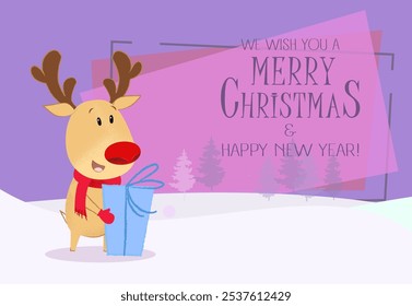 Christmas and New Year banner design. Santa reindeer holding gift box. Forest on abstract background. Template can be used for greeting cards, posters, postcards