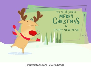 Christmas and New Year banner design. Joyful reindeer dancing and having fun. Fir trees on abstract background. Template can be used for greeting cards, posters, postcards
