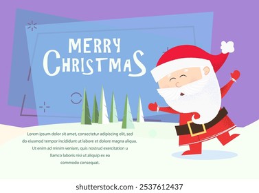 Christmas and New Year banner design. Santa Claus dancing and having fun. Fir trees  on abstract background. Template can be used for greeting cards, posters, postcards