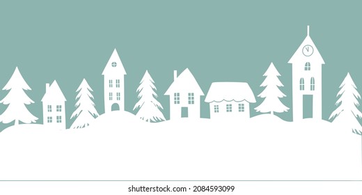 Christmas New Year banner with doodle rural houses forest trees in the background. Cozy winter scene illustration in vintage style