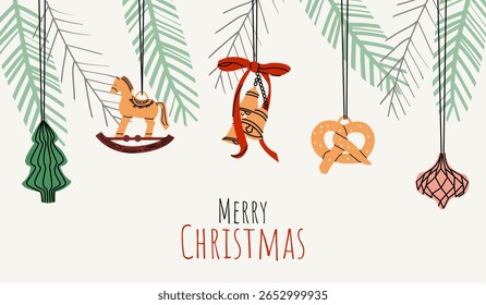 Christmas and New Year banner with fir branches and cute Christmas decorations. Festive design template for winter holidays. For posters, coupons, promotional material.