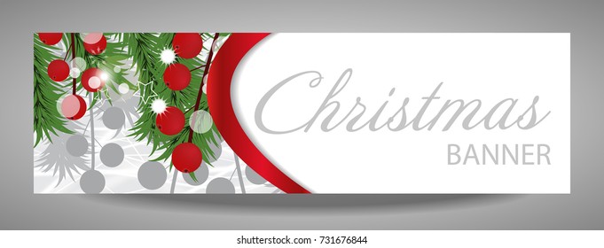 Christmas and  New Year banner with fir branches and red berries. Vector  illustration with place for your text.