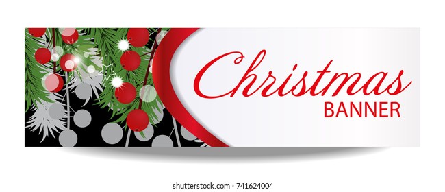 Christmas and New Year banner with fir branches and holly berries. Vector  illustration with place for your text.