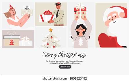 Christmas or new year banner, flyer, poster, social media banner with people celebrating winter holidays with gifts and presents and Santa Claus. Secret Santa poster template or greeting card design.