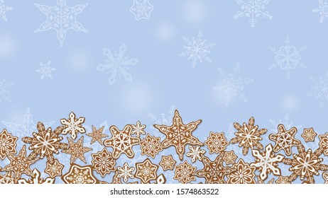 Christmas, New Year banner with gingerbread cookies and snowflakes on a blue background.