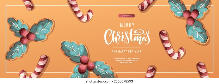 Christmas and New Year banner with gingerbread cookies in the form of candy cane and holly. Vector illustration for greeting card, banner, poster.