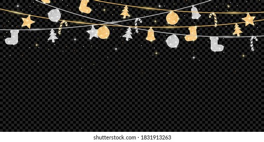 Christmas and New Year banner with glitter golden and silver decoration. Holiday background with hanging glitter covered balls. Template for greeting card and poster. Vector.