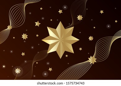 Christmas and New Year banner with gold 3d stars and blend tool on dark background. Vector illustration for banner, brochure, party card, postcard.